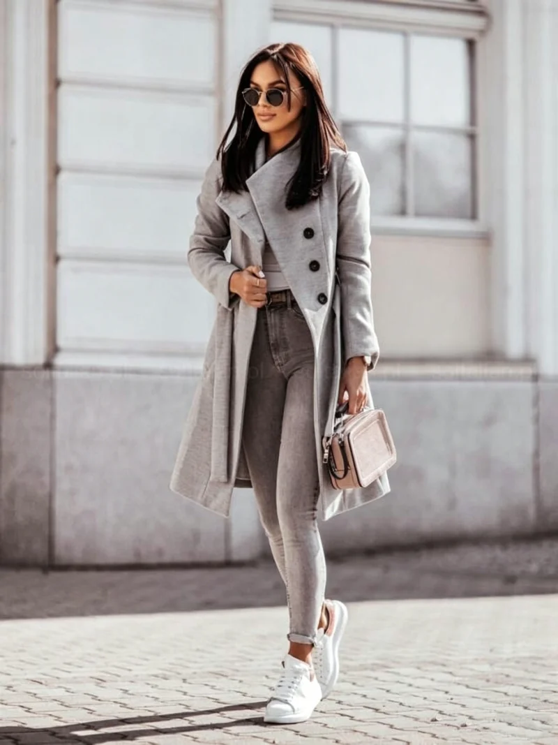 2026 Autumn/Winter European and American New Cross-Border Women's Clothing Amazon Woolen Coat Solid Color Tie-Up Mid-Length Woolen Jacket