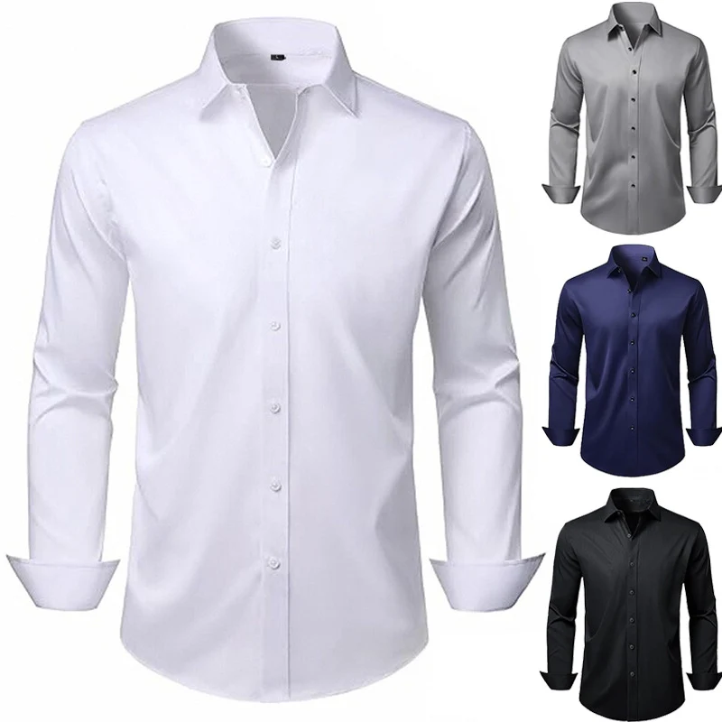 Solid Color Amazon Stretchy Plus-Size Men's Long-Sleeve Shirt, Men's Fashion Shirt, Slim Fit Outerwear