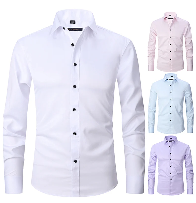 Solid Color Amazon Stretchy Plus-Size Men's Long-Sleeve Shirt, Men's Fashion Shirt, Slim Fit Outerwear