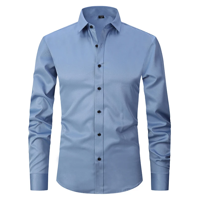 Solid Color Amazon Stretchy Plus-Size Men's Long-Sleeve Shirt, Men's Fashion Shirt, Slim Fit Outerwear