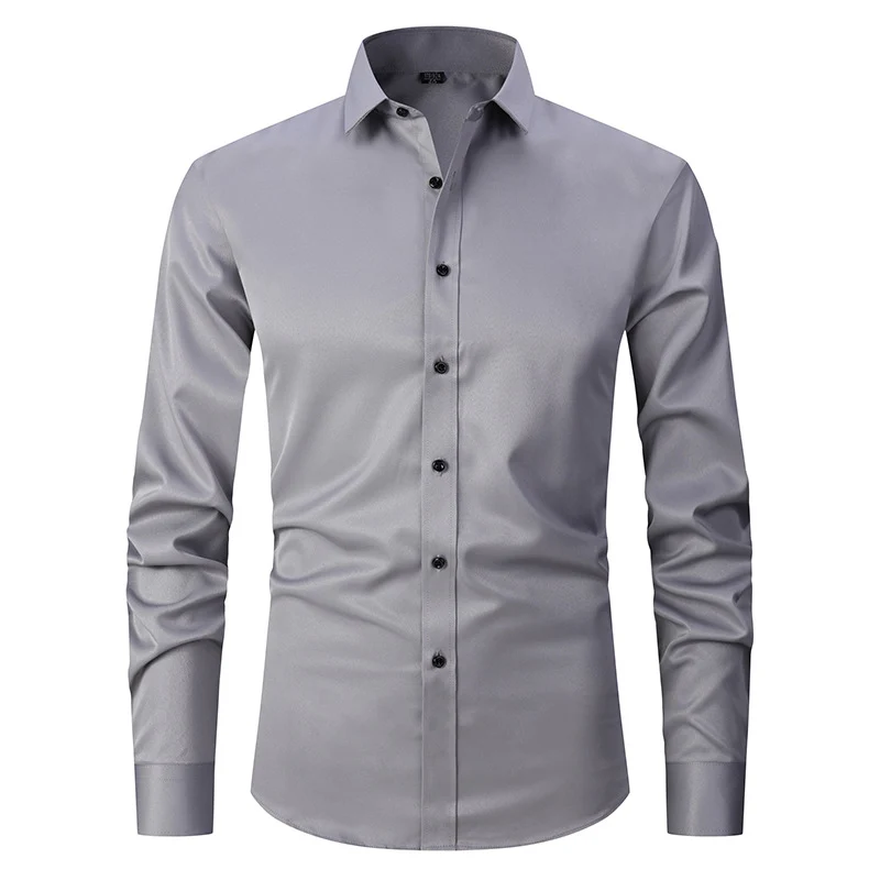 Solid Color Amazon Stretchy Plus-Size Men's Long-Sleeve Shirt, Men's Fashion Shirt, Slim Fit Outerwear