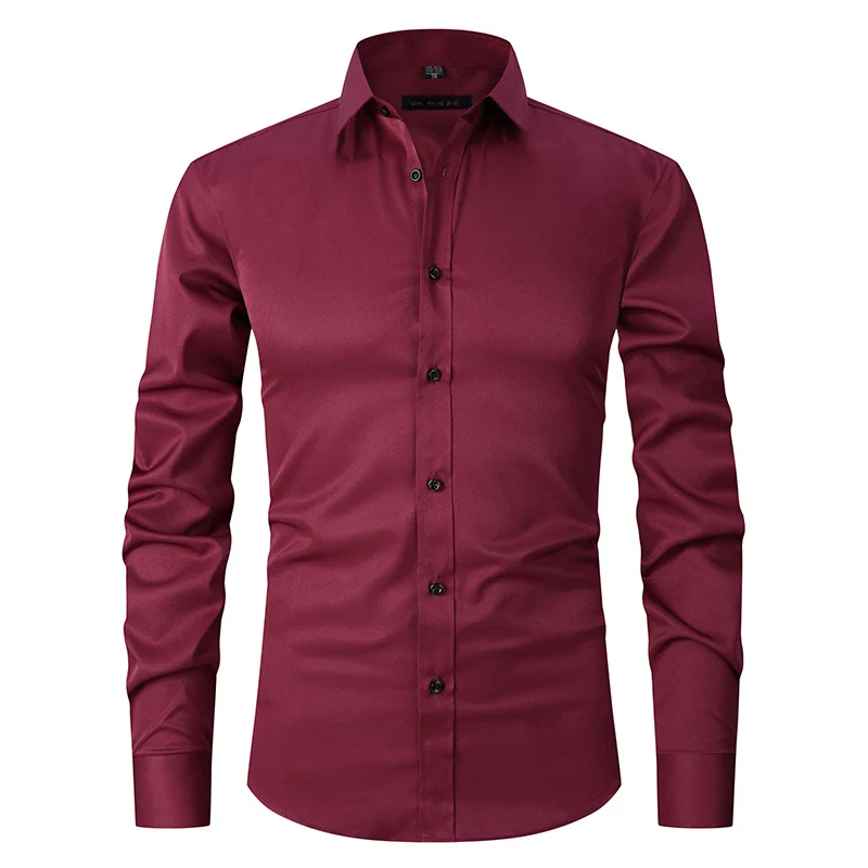 Solid Color Amazon Stretchy Plus-Size Men's Long-Sleeve Shirt, Men's Fashion Shirt, Slim Fit Outerwear