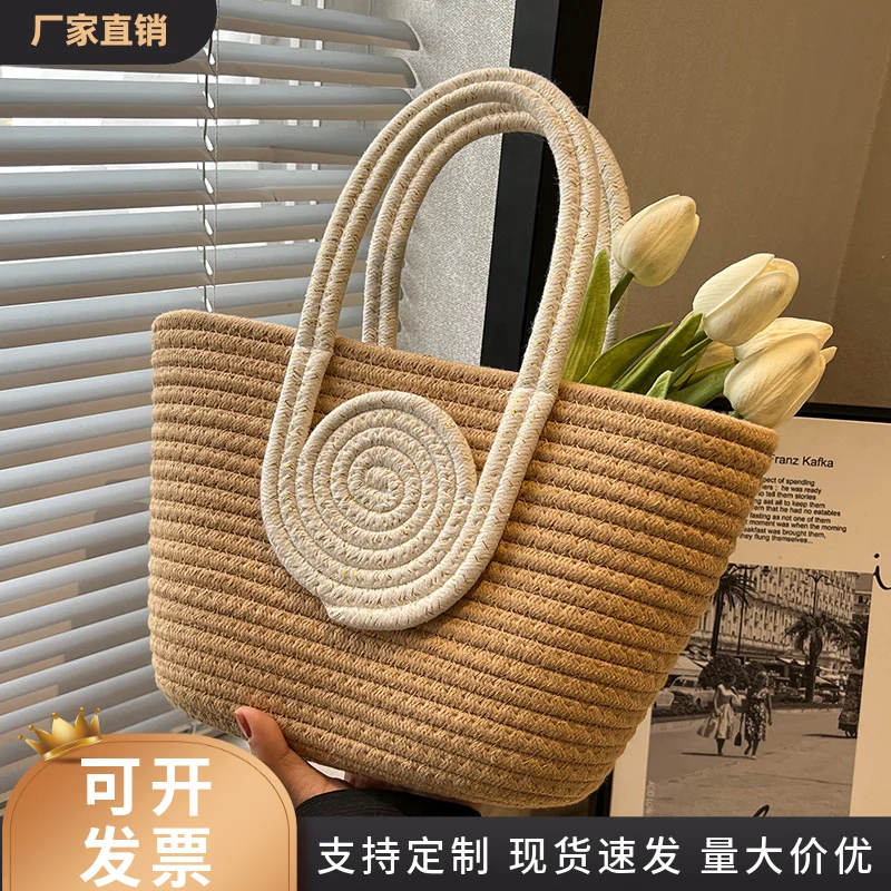 Contrast Cotton Rope Woven Handbag Women's Bag Korean Style Bag New Large Capacity Stylisse Handbag All-match Tote Bag