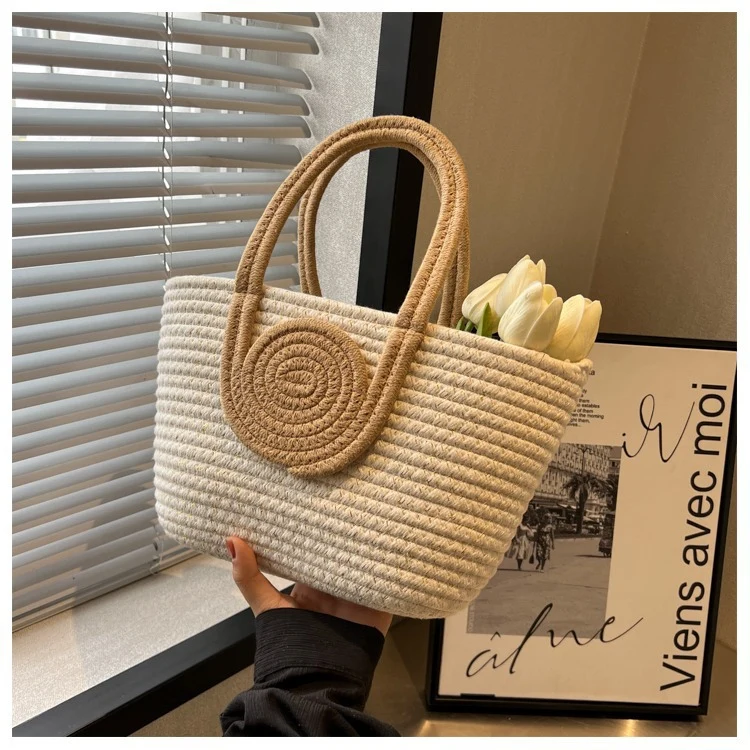 Contrast Cotton Rope Woven Handbag Women's Bag Korean Style Bag New Large Capacity Stylisse Handbag All-match Tote Bag