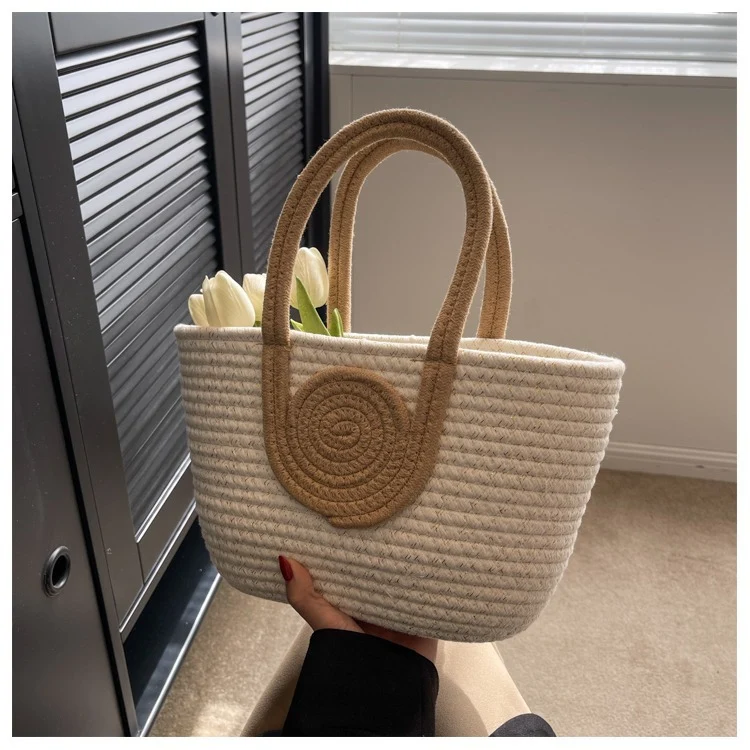 Contrast Cotton Rope Woven Handbag Women's Bag Korean Style Bag New Large Capacity Stylisse Handbag All-match Tote Bag
