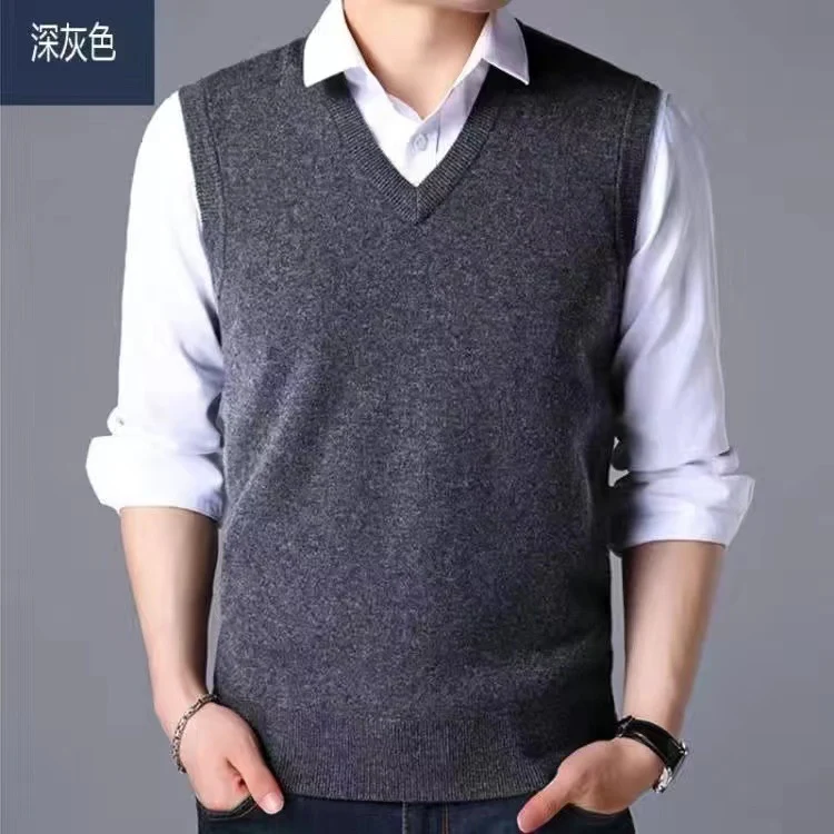 V-Neck New Middle-Aged Wool Vest Gentleman Men's Pullover Knitted Vest Business Knitted Knitwear Sleeveless Men