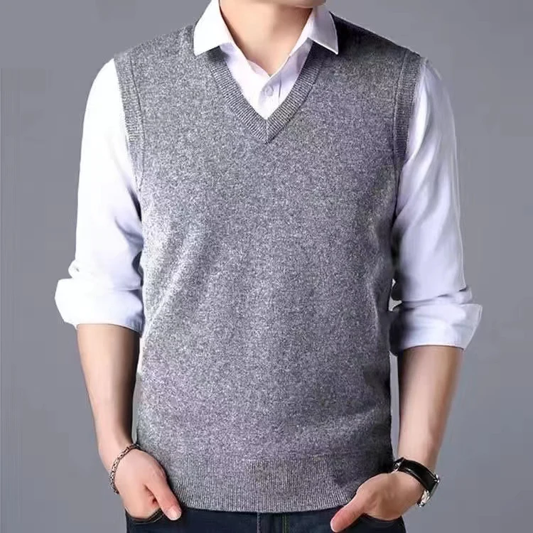V-Neck New Middle-Aged Wool Vest Gentleman Men's Pullover Knitted Vest Business Knitted Knitwear Sleeveless Men