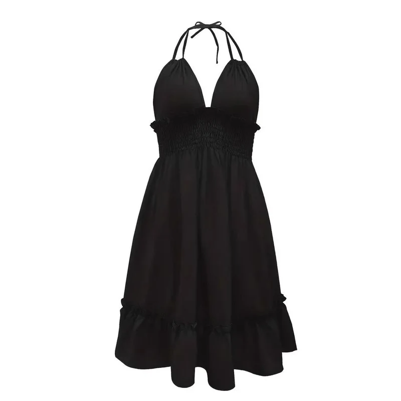 European and American Amazon Cross-Border Popular Women's Clothing Deep V Rope Suspender Parallel Pleated Sexy Dress Beach Degree