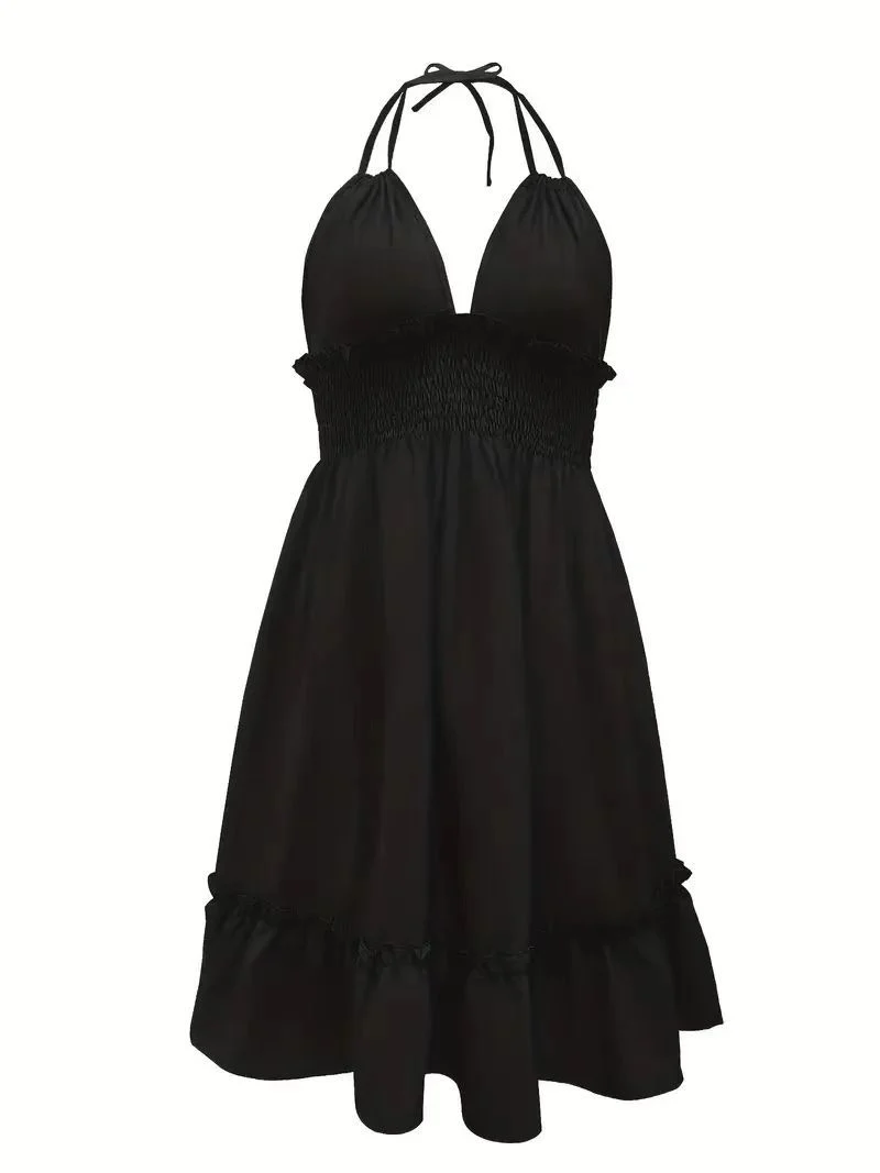 European and American Amazon Cross-Border Popular Women's Clothing Deep V Rope Suspender Parallel Pleated Sexy Dress Beach Degree
