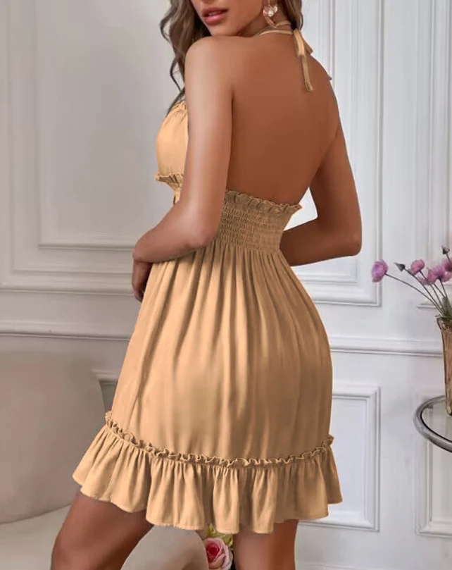 European and American Amazon Cross-Border Popular Women's Clothing Deep V Rope Suspender Parallel Pleated Sexy Dress Beach Degree