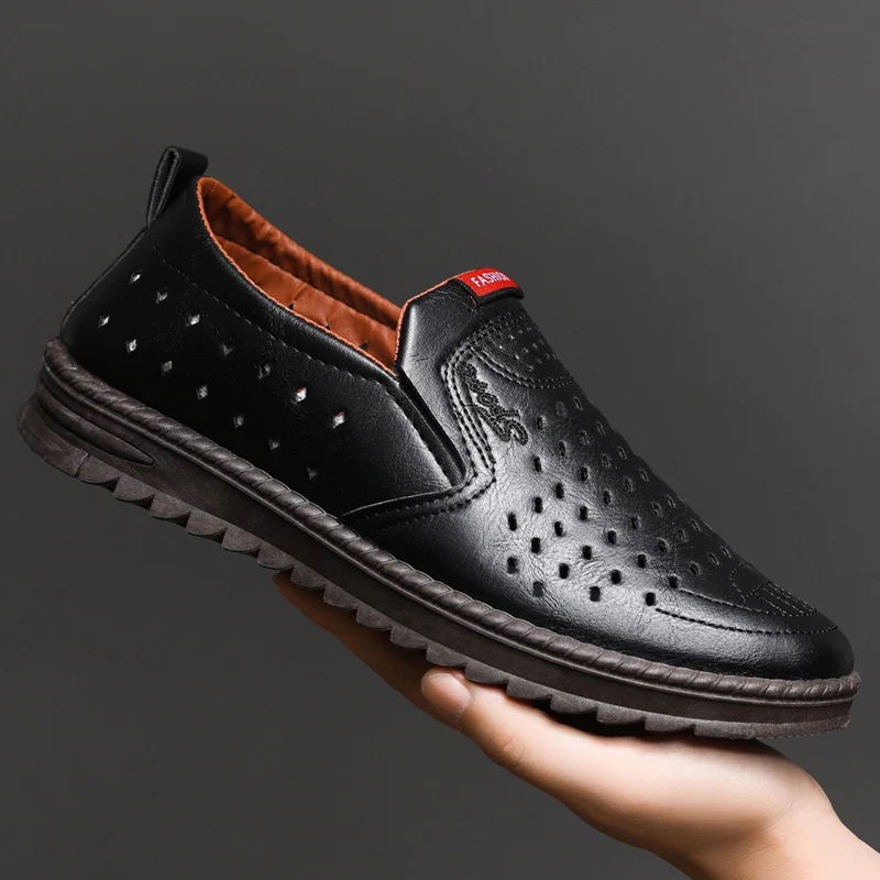Hollow-Out Leather Shoes for Men, Summer Breathable Soft Leather Low-Top Business Casual Versatile Slip-On Perforated Dad Shoes