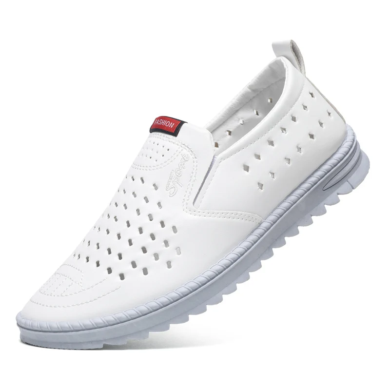 Hollow-Out Leather Shoes for Men, Summer Breathable Soft Leather Low-Top Business Casual Versatile Slip-On Perforated Dad Shoes
