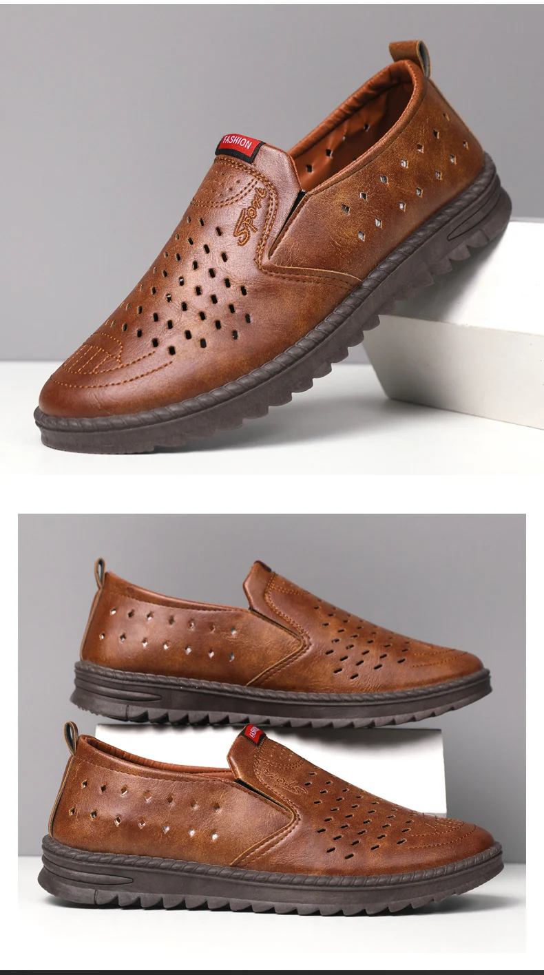 Hollow-Out Leather Shoes for Men, Summer Breathable Soft Leather Low-Top Business Casual Versatile Slip-On Perforated Dad Shoes