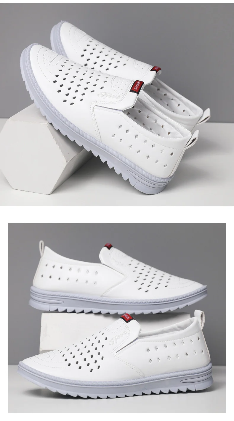 Hollow-Out Leather Shoes for Men, Summer Breathable Soft Leather Low-Top Business Casual Versatile Slip-On Perforated Dad Shoes