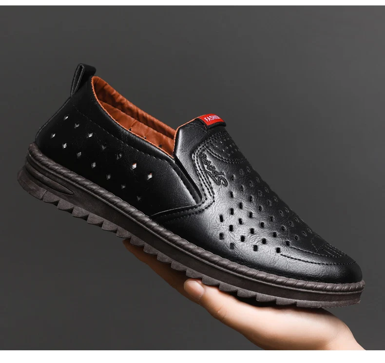 Hollow-Out Leather Shoes for Men, Summer Breathable Soft Leather Low-Top Business Casual Versatile Slip-On Perforated Dad Shoes