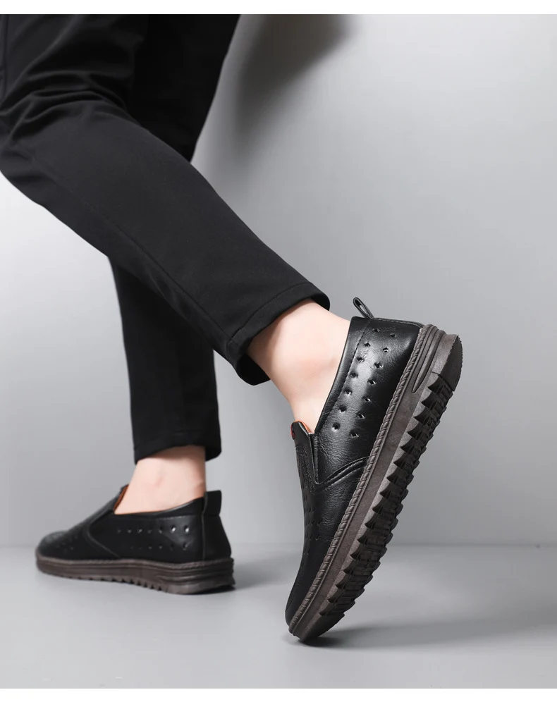 Hollow-Out Leather Shoes for Men, Summer Breathable Soft Leather Low-Top Business Casual Versatile Slip-On Perforated Dad Shoes