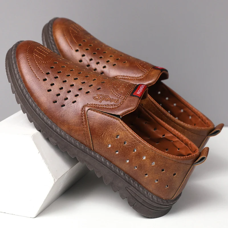 Hollow-Out Leather Shoes for Men, Summer Breathable Soft Leather Low-Top Business Casual Versatile Slip-On Perforated Dad Shoes