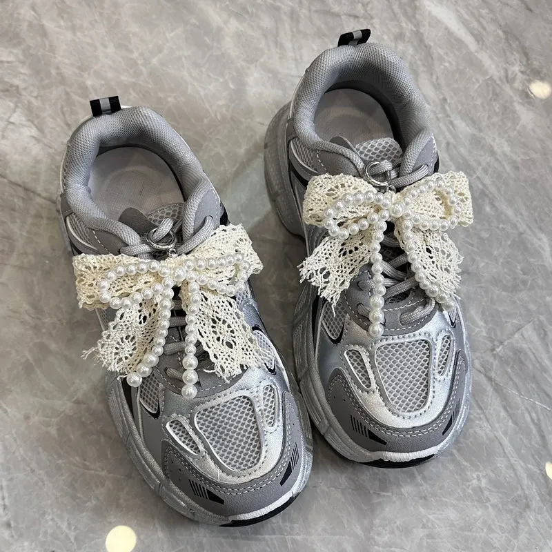 Lace pearl bow Shoe Shoelaces Charms for Sneakers Decorative Shoe Flower Buckle Decorative Shoe Fashion Charm Accessories