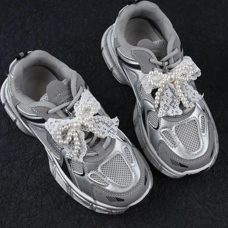 Lace pearl bow Shoe Shoelaces Charms for Sneakers Decorative Shoe Flower Buckle Decorative Shoe Fashion Charm Accessories