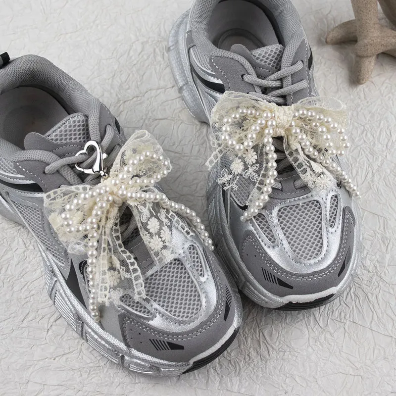 Lace pearl bow Shoe Shoelaces Charms for Sneakers Decorative Shoe Flower Buckle Decorative Shoe Fashion Charm Accessories