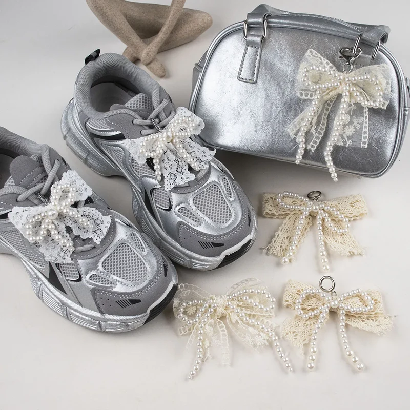 Lace pearl bow Shoe Shoelaces Charms for Sneakers Decorative Shoe Flower Buckle Decorative Shoe Fashion Charm Accessories