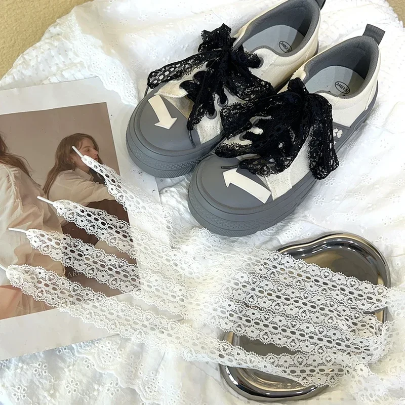 120cm Lace Shoelaces for Women Casual Shoes 3CM Width Flat Shoelace for Sneakers Black White Hollow Out Shoe Laces Accessorices