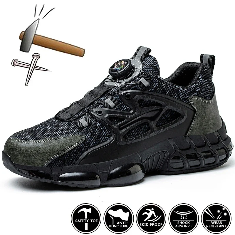 Rotating Button Protective Safety Shoes Men Steel Toe Sneakers Air Cushion Work Shoes Man Puncture Proof Work Safety Boots