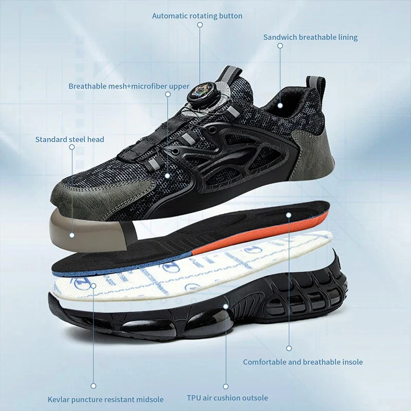 Rotating Button Protective Safety Shoes Men Steel Toe Sneakers Air Cushion Work Shoes Man Puncture Proof Work Safety Boots
