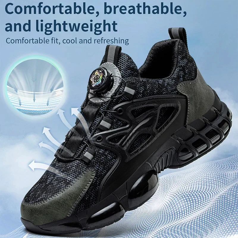 Rotating Button Protective Safety Shoes Men Steel Toe Sneakers Air Cushion Work Shoes Man Puncture Proof Work Safety Boots