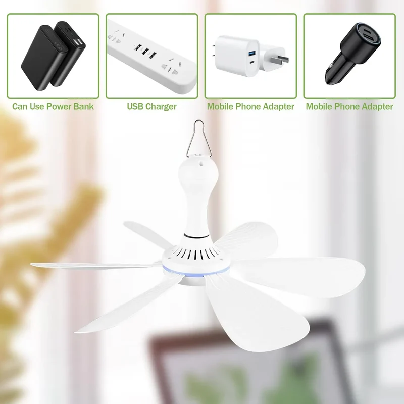 XIAOTREE USB Ceiling Fan DC 5V Air Circulator Fan 6 Detachable Blades Portable Hanging Ceiling Fans Camping Fan for RV & Home