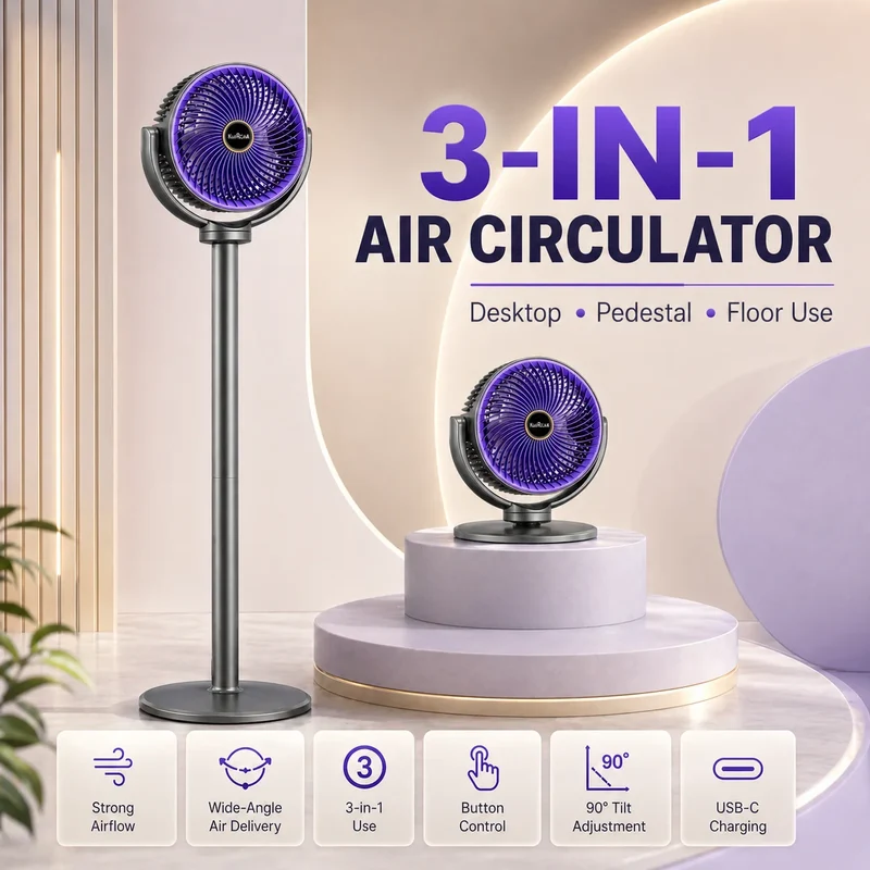 3-in-1 Modern Air Circulator Fan 5 Speeds 4 Heights Quiet Portable Pedestal Stand Fan USB-C for Home Bedroom Office RV Camping