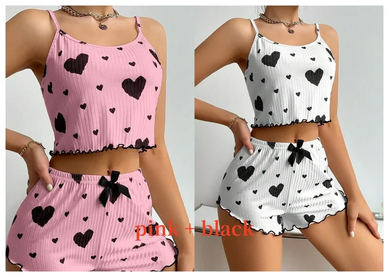 Women's Pajamas Set Sleepwear 2 PCS Short Tank Tops And Shorts S M L White Ventilate Soft Casual Love Printing