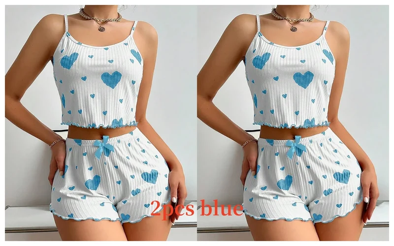 Women's Pajamas Set Sleepwear 2 PCS Short Tank Tops And Shorts S M L White Ventilate Soft Casual Love Printing