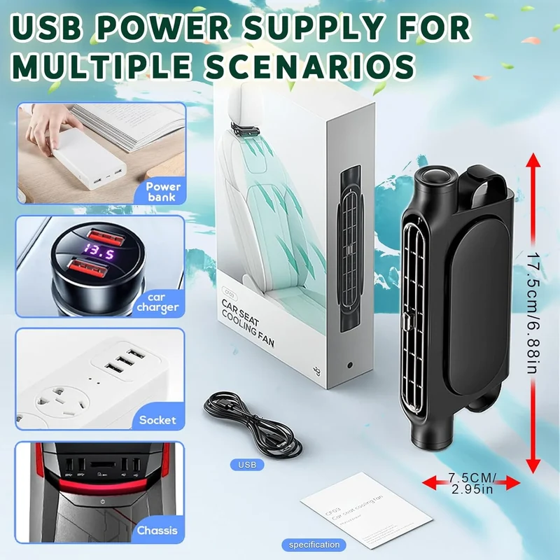 Car Seat Cooling Fan 3 Speed Adjustable 5V USB Car Headrest Cooling Air Fan Car Seat Fan for Front Rear Car Interior Accessories