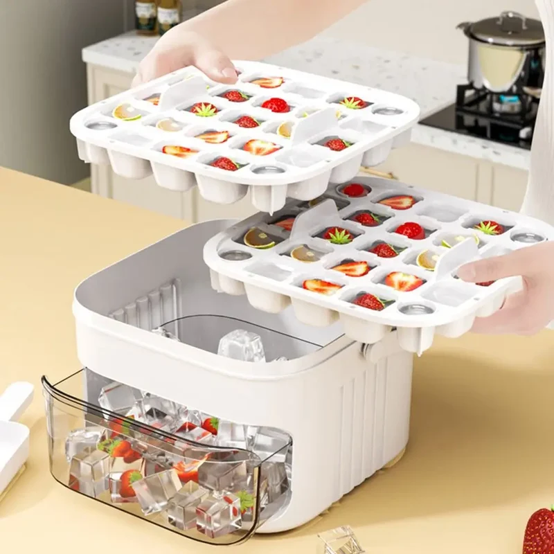 50-Cube Ice Maker with Easy Press Cap Double Layer Ice Cube Maker Refrigerator Household Ice Storage Ice Box