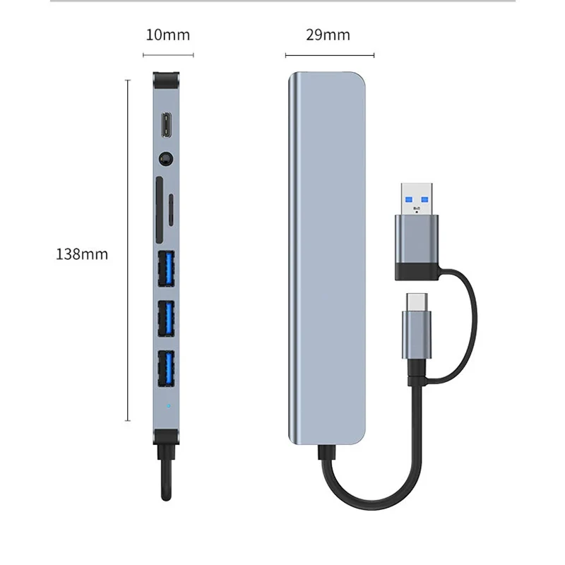 8 in 2 USB +Type C HUB Docking Station with 3.5mm Audio Jack Adapter for Micro SD Card Reader Laptop Tablet Phone Disk Converter