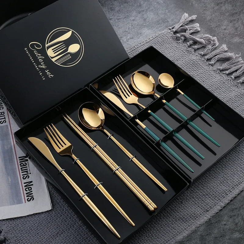 2PC/4PC Cutlery Set Stainless Steel Glossy Titanium Black Gold Cutlery Knife Fork Spoon Tea Spoon Set Kitchen Accessories