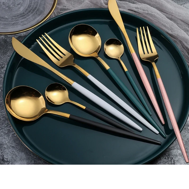 2PC/4PC Cutlery Set Stainless Steel Glossy Titanium Black Gold Cutlery Knife Fork Spoon Tea Spoon Set Kitchen Accessories
