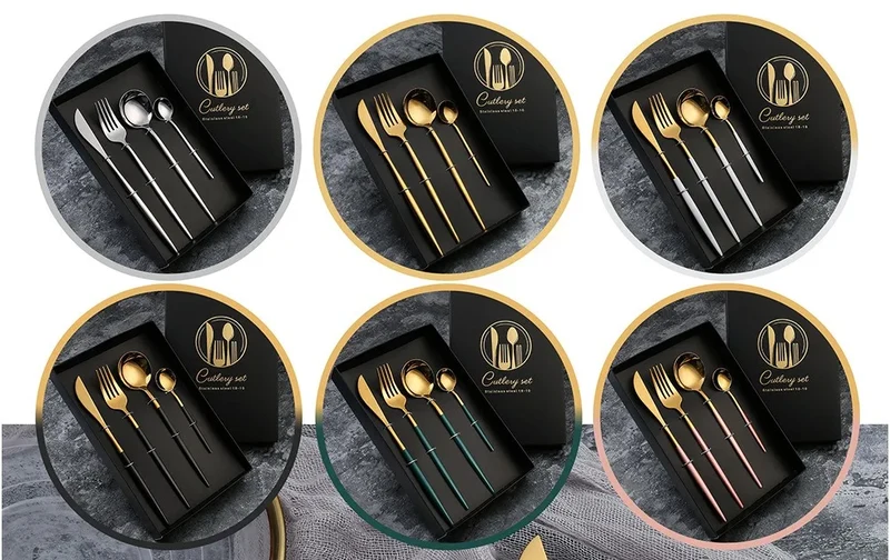 2PC/4PC Cutlery Set Stainless Steel Glossy Titanium Black Gold Cutlery Knife Fork Spoon Tea Spoon Set Kitchen Accessories