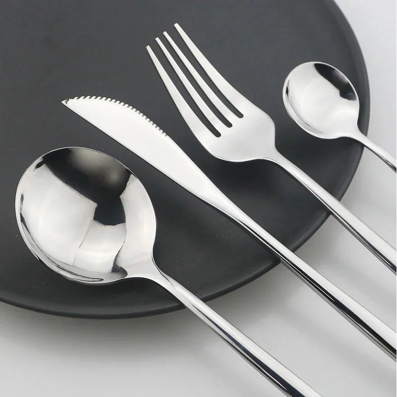 24Pcs Stainless Steel Cutlery Set Black Handle Golden Dinnerware Knife Fork Spoon Kitchen Tableware Gift Set