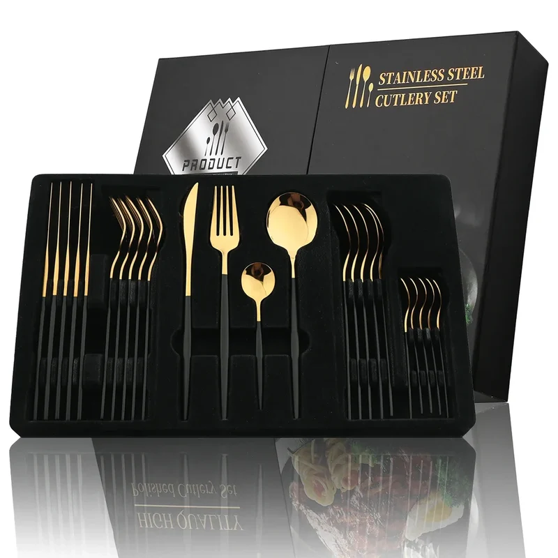 24Pcs Stainless Steel Cutlery Set Black Handle Golden Dinnerware Knife Fork Spoon Kitchen Tableware Gift Set