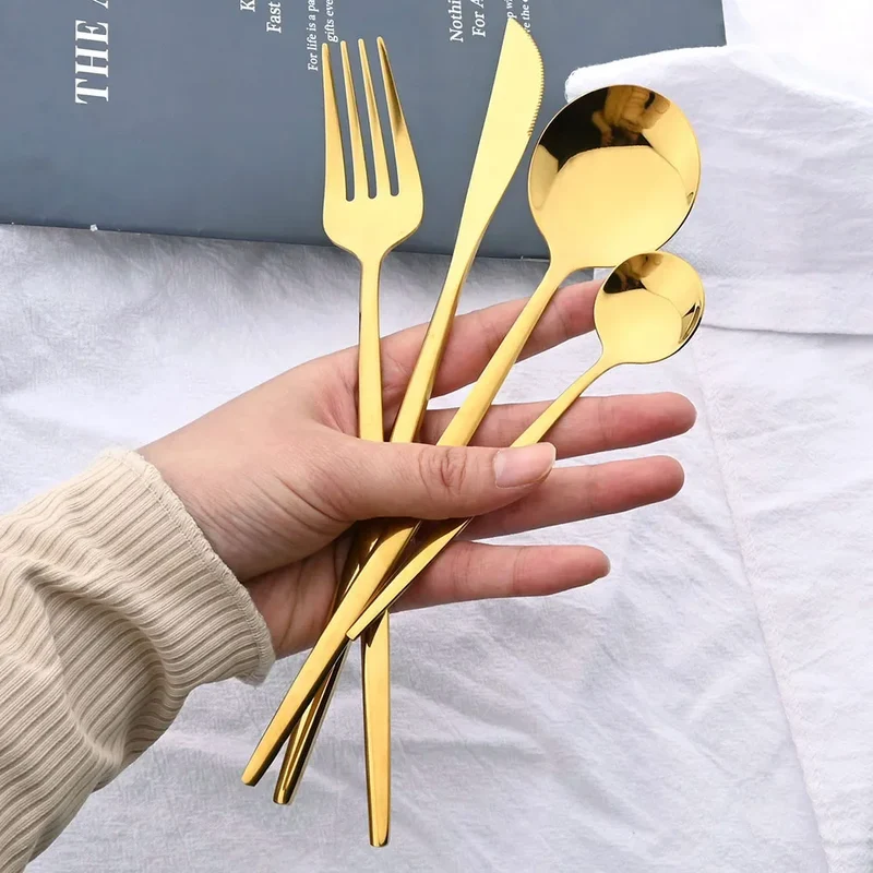 24Pcs Stainless Steel Cutlery Set Black Handle Golden Dinnerware Knife Fork Spoon Kitchen Tableware Gift Set
