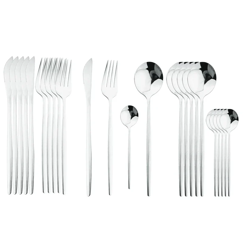 24Pcs Stainless Steel Cutlery Set Black Handle Golden Dinnerware Knife Fork Spoon Kitchen Tableware Gift Set