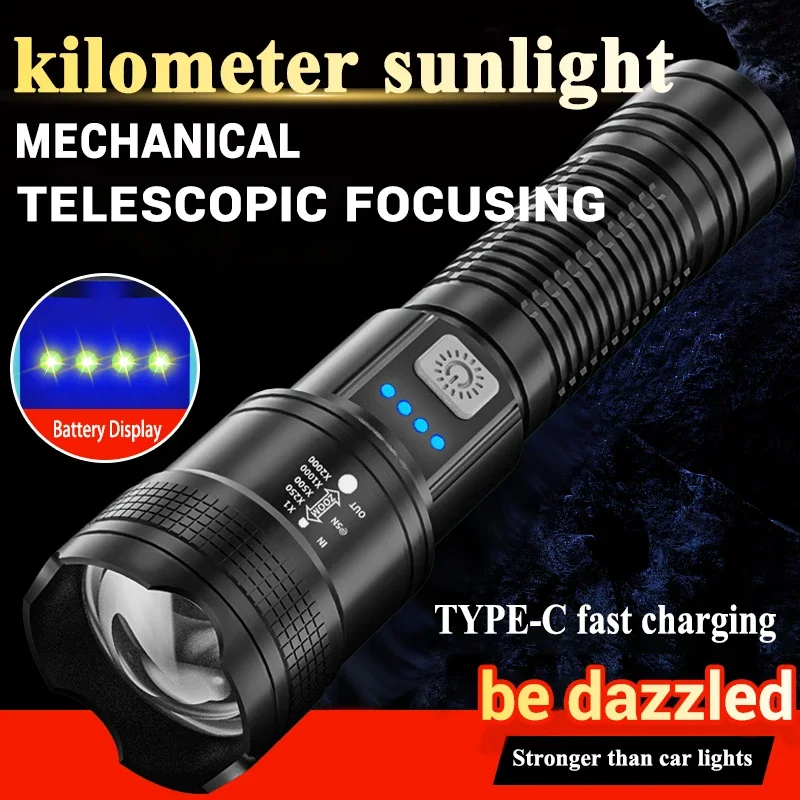 High Strong Power Led Flashlights 2000LM Tactical Torch with Display Light USB Charging Camping Fishing Emergency Zoom Lantern