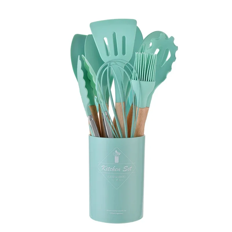 12PCS Silicone Kitchenware Non-Stick Cookware Kitchen Utensils Set Spatula Shovel Egg Beaters Wooden Handle Cooking Tool Set