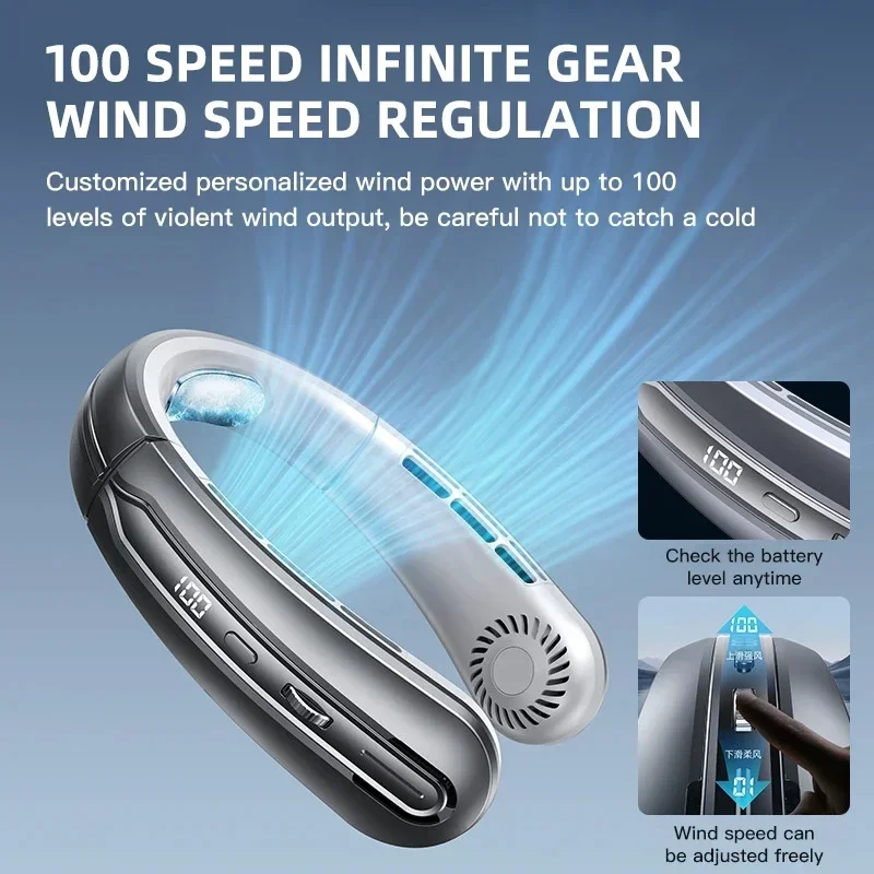8000mAh USB Hanging Neck Fan Portable Bladeless Mini Rechargeable Mute LED Digital Display Electric Air Cooler Handheld