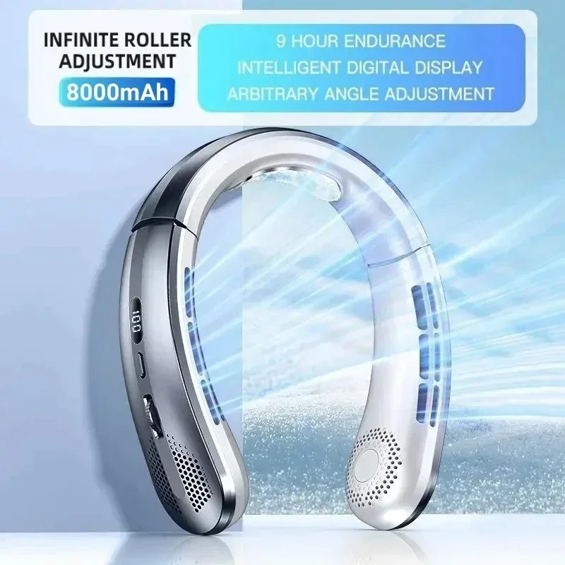 8000mAh USB Hanging Neck Fan Portable Bladeless Mini Rechargeable Mute LED Digital Display Electric Air Cooler Handheld
