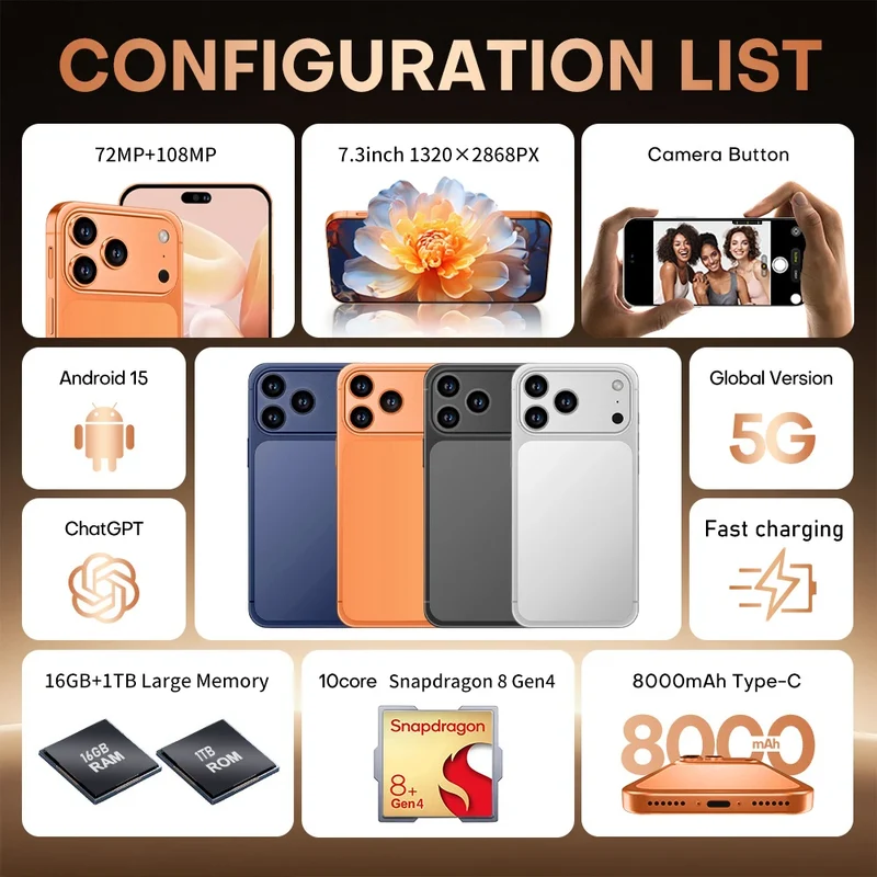 Hot 2026 High Quality i17 Pro Max Original Intelligent 4G 5G Dual Card Dual Standby System Global Version 8000mAh Battery