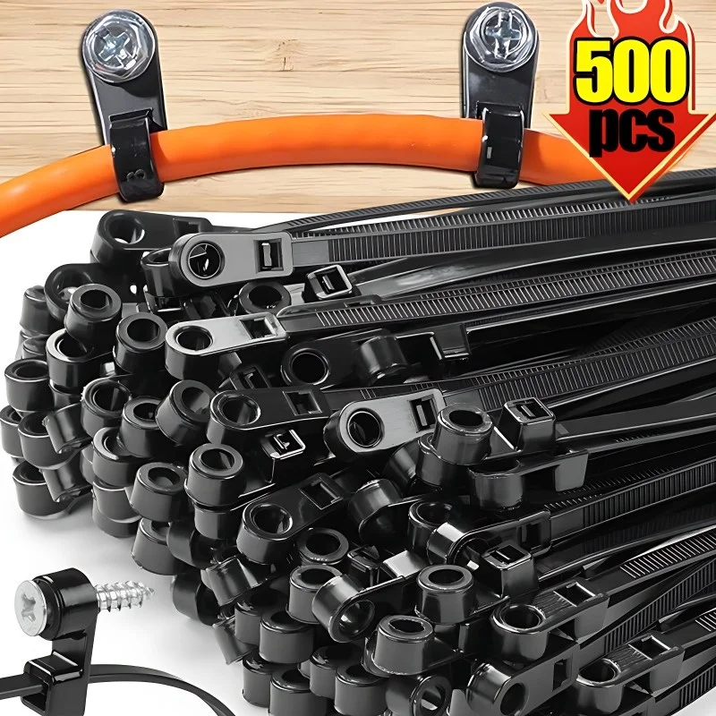 500/100PCS Screw Hole Cable Ties Reusable Fixed Nylon Cable Ties Self-locking Cord Ties Straps Fastening Loop Office Organizer