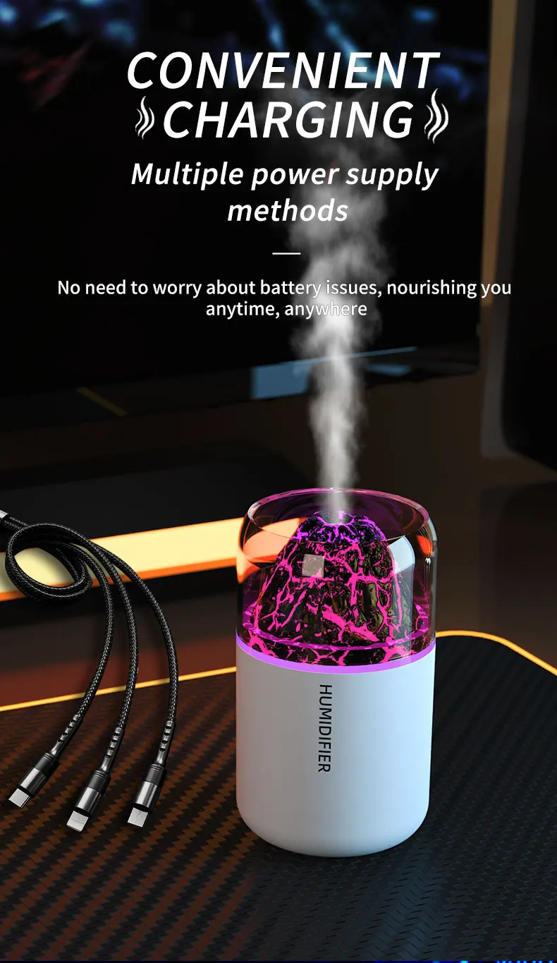 The simulated volcanic color lamp humidifier USB aromatherapy diffuser is suitable for use in cars, homes, bedrooms, as a gift,